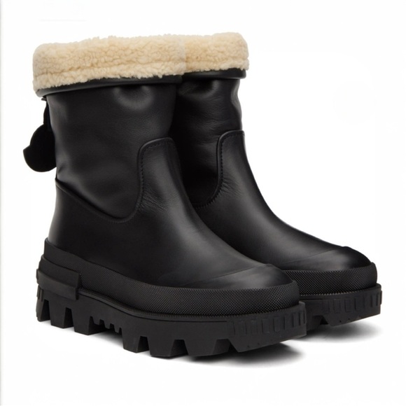 MONCLER Moscova faux fur-trimmed leather ankle boots booties Size 8 NEW - Picture 4 of 16